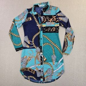 Timing Women’s Tunic Top Size S Teal Navy Chain Tassel Button Front